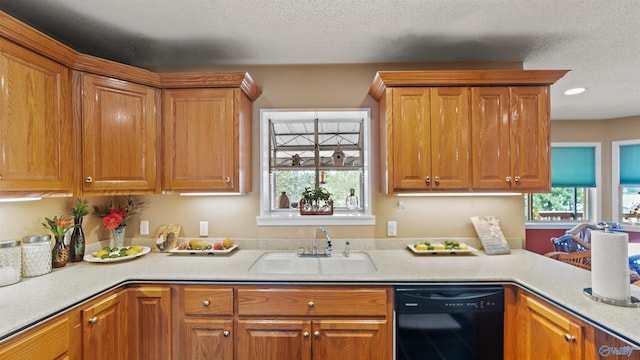 kitchen with black dishwasher, a textured ceiling, and sink