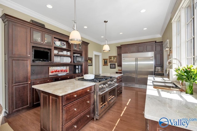 kitchen featuring dark hardwood / wood-style flooring, light stone counters, a kitchen island, sink, and premium appliances