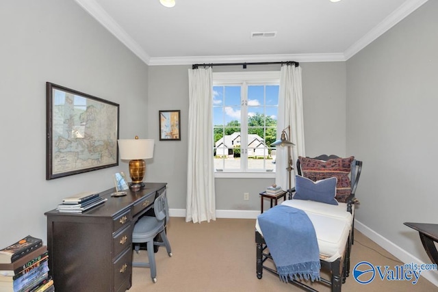 office space featuring crown molding and light colored carpet