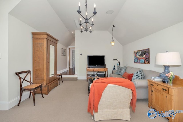 living room with light colored carpet, an inviting chandelier, and vaulted ceiling