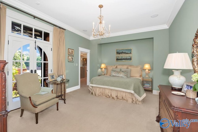 bedroom with light colored carpet, an inviting chandelier, crown molding, and french doors