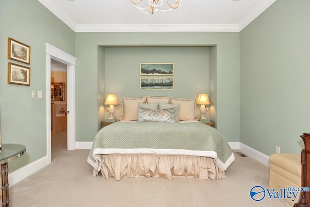 carpeted bedroom with ornamental molding and a notable chandelier