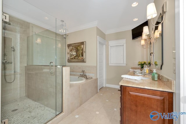 bathroom with plus walk in shower, tile patterned flooring, crown molding, and vanity