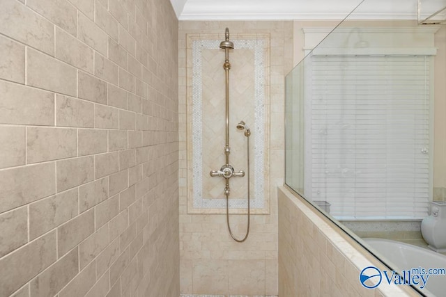 bathroom featuring a tile shower and ornamental molding