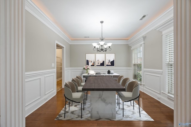 4513 Stone Park Cir, Owens Cross Roads, AL 35763 - dining room with a chandelier, wainscoting, dark wood finished floors, and crown molding