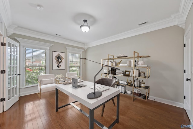 4513 Stone Park Cir, Owens Cross Roads, AL 35763 - office area featuring crown molding and dark wood-style flooring