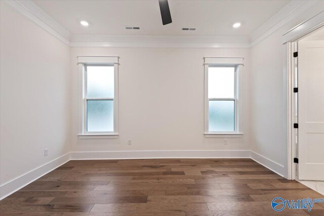 empty room featuring ornamental molding, dark hardwood / wood-style flooring, and a wealth of natural light