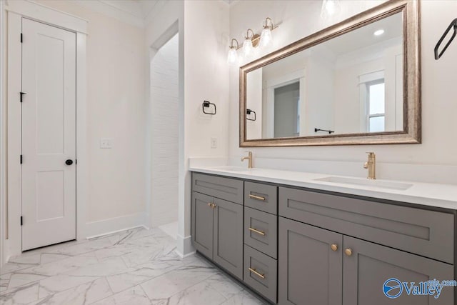 bathroom with crown molding and vanity