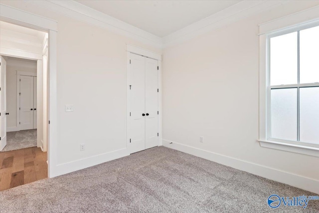 unfurnished bedroom featuring carpet floors, ornamental molding, and a closet