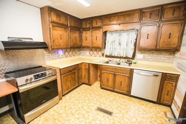 kitchen with dishwashing machine, sink, decorative backsplash, and stainless steel electric stove
