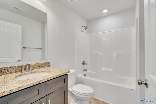 full bathroom featuring tile patterned flooring, vanity, shower / bathtub combination, and toilet