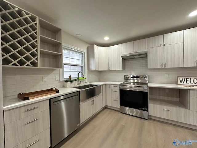 kitchen with decorative backsplash, appliances with stainless steel finishes, sink, and light hardwood / wood-style flooring