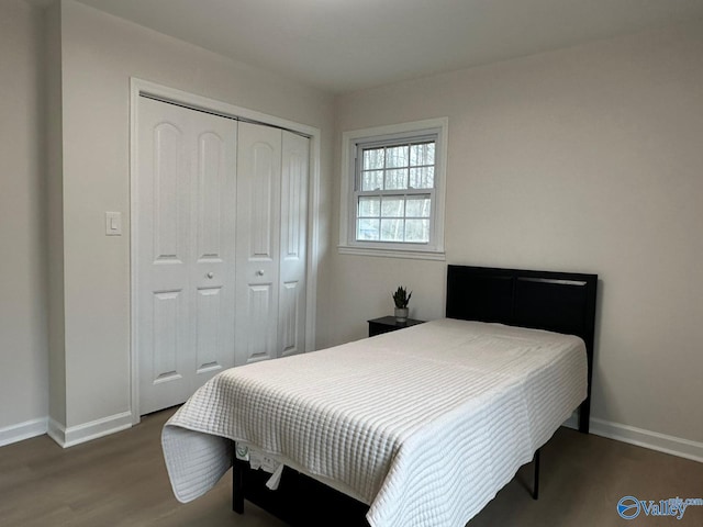 bedroom featuring dark hardwood / wood-style flooring and a closet