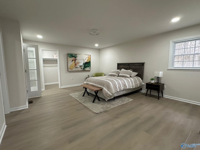 bedroom with a spacious closet, hardwood / wood-style floors, and a closet