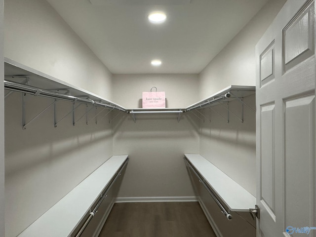 walk in closet with dark hardwood / wood-style floors