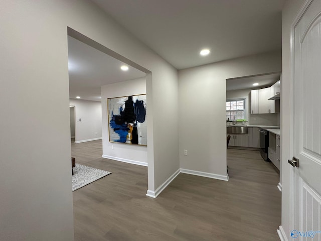 hallway with sink and dark hardwood / wood-style floors