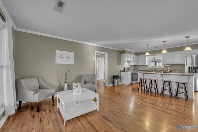 living room with light wood-type flooring, ornamental molding, and sink