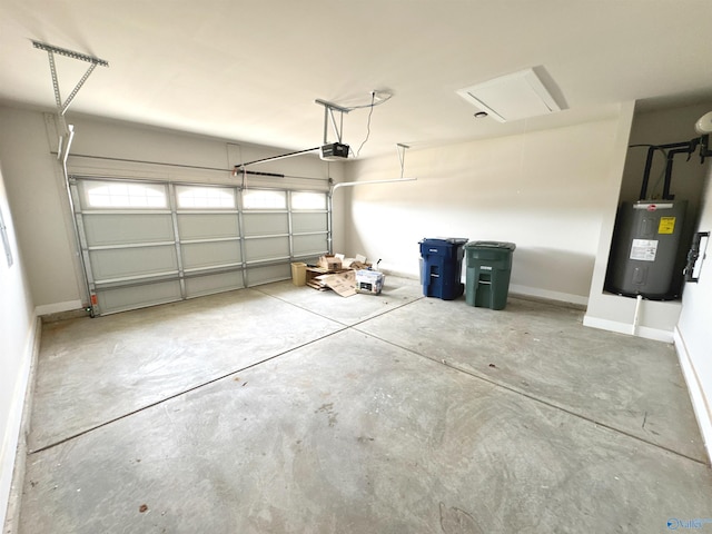 garage with water heater, baseboards, and a garage door opener