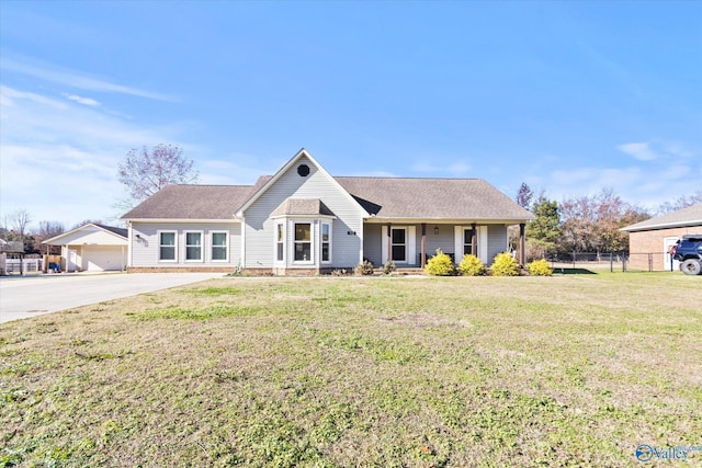 view of front of property featuring a garage, a porch, and a front yard