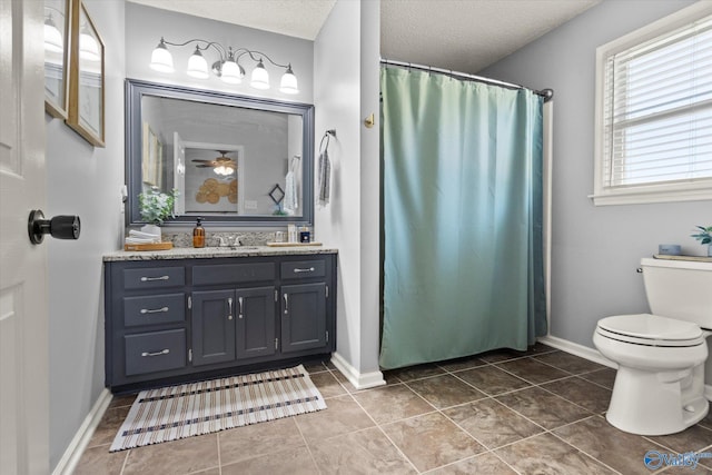 bathroom with tile patterned floors, vanity, a textured ceiling, ceiling fan, and toilet