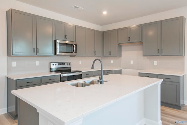 kitchen featuring light wood-type flooring, a center island with sink, and stainless steel appliances