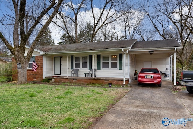 ranch-style house with a carport, covered porch, and a front lawn