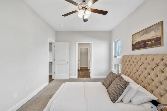 carpeted bedroom with ceiling fan, a spacious closet, and baseboards