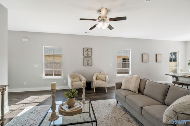 living area featuring a healthy amount of sunlight, baseboards, and wood finished floors