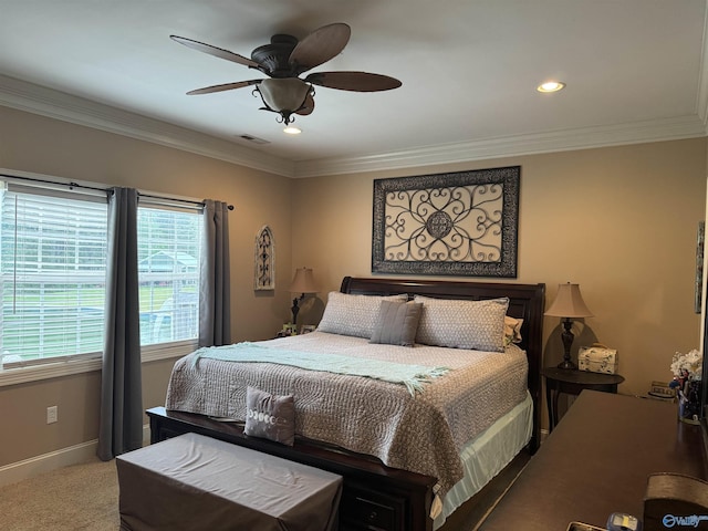 carpeted bedroom featuring crown molding, visible vents, baseboards, and recessed lighting
