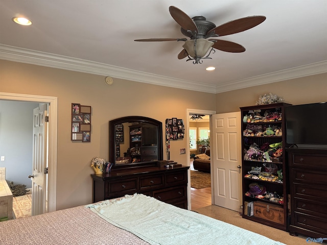 bedroom with crown molding, a ceiling fan, and recessed lighting