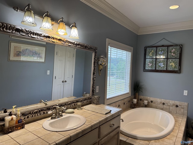full bath featuring ornamental molding, vanity, and a bath