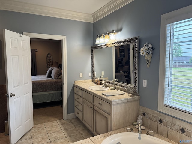 ensuite bathroom featuring ornamental molding, a garden tub, vanity, connected bathroom, and tile patterned floors