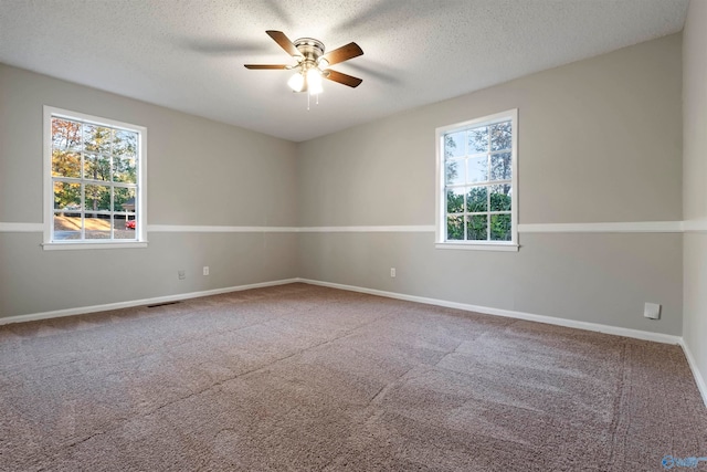 empty room featuring a textured ceiling, carpet floors, plenty of natural light, and ceiling fan