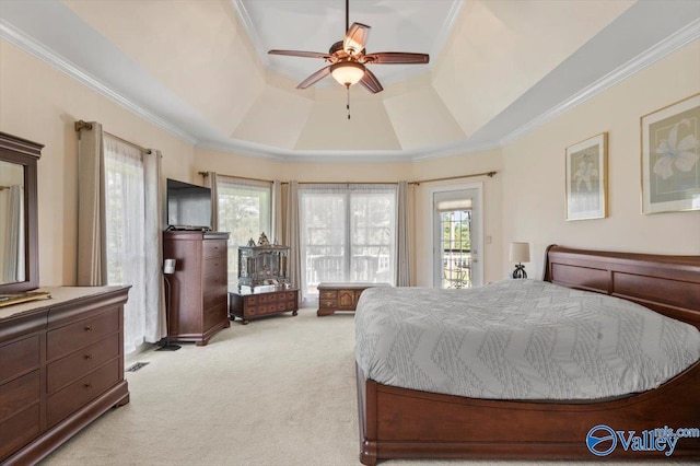bedroom featuring light carpet, a ceiling fan, crown molding, and access to outside