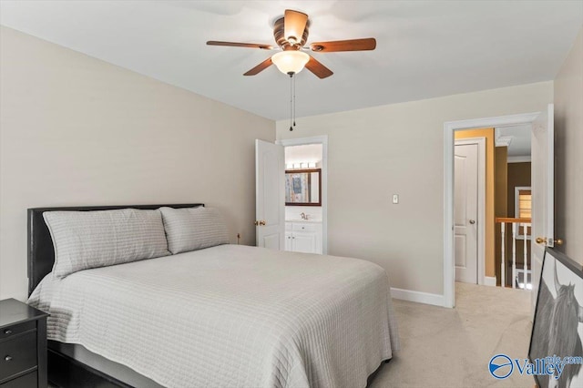 bedroom featuring baseboards, light carpet, and ceiling fan