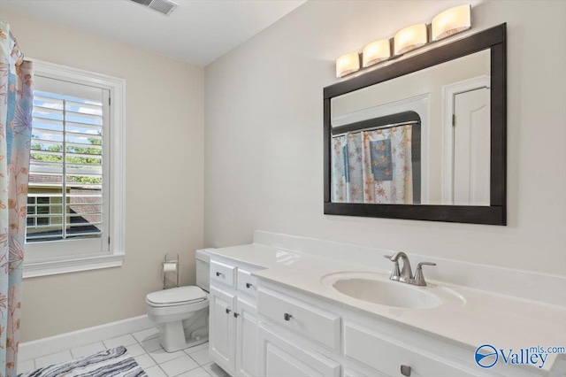bathroom featuring vanity, visible vents, baseboards, tile patterned floors, and toilet