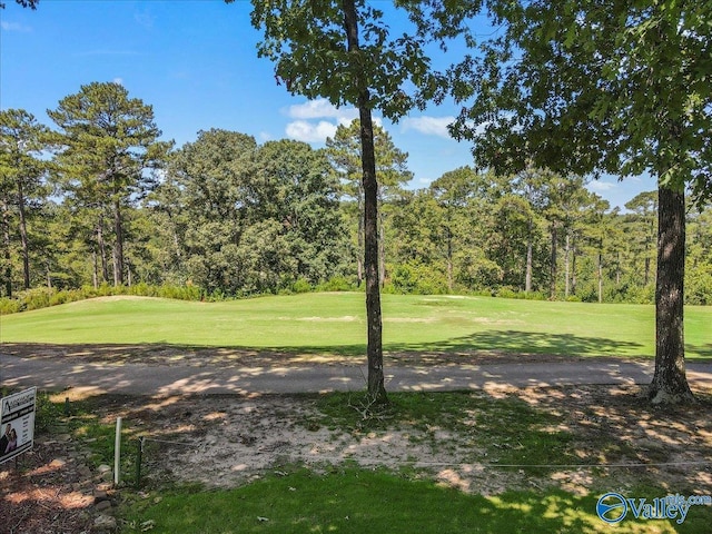 view of yard with a forest view and golf course view