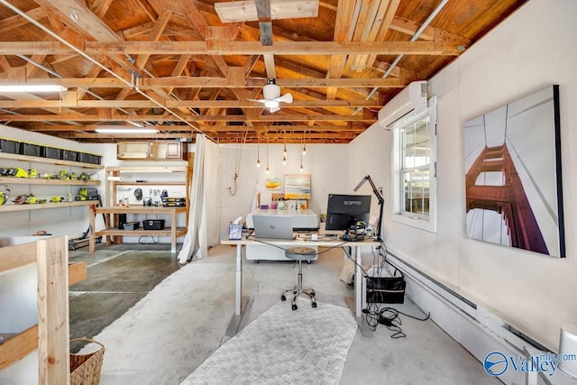 home office featuring concrete flooring, a wall mounted AC, and wood ceiling