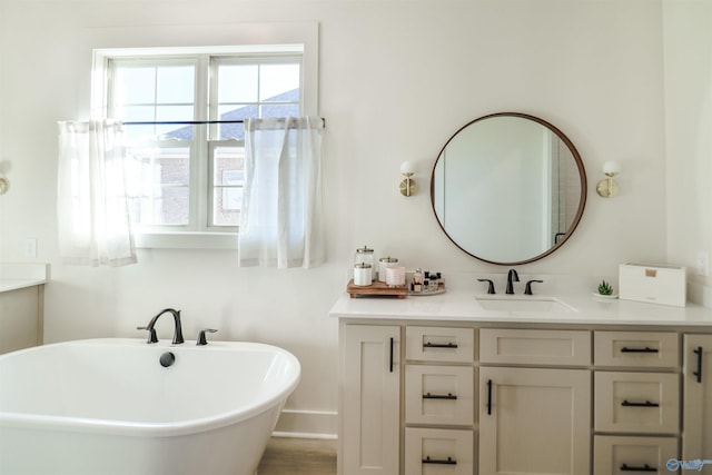 bathroom with a tub and vanity