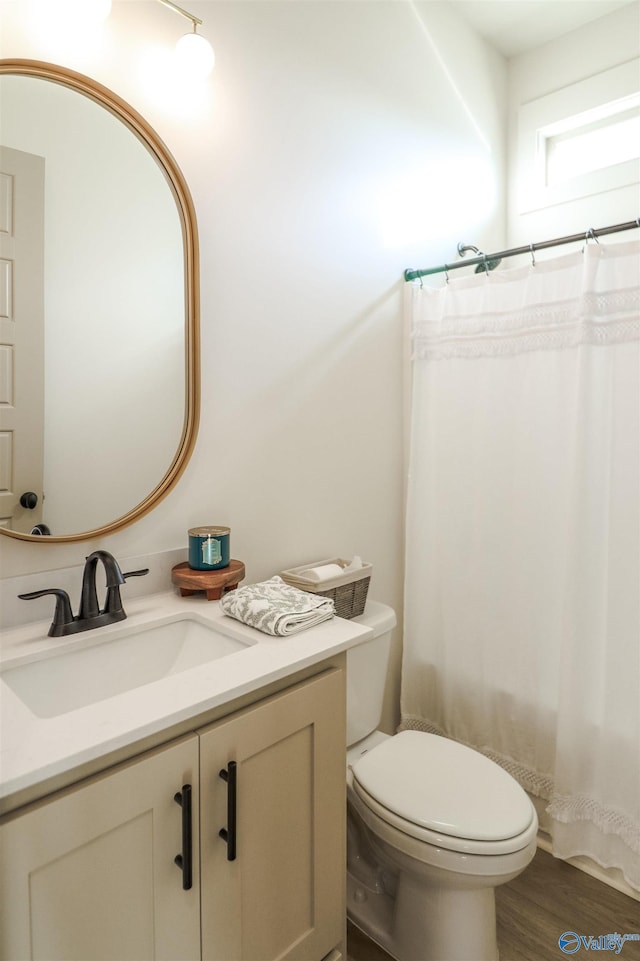 bathroom with wood-type flooring, vanity, and toilet