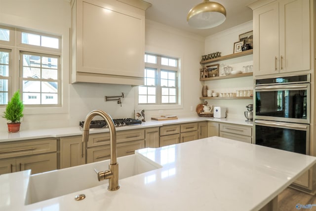 kitchen with stainless steel double oven, ornamental molding, and light brown cabinets