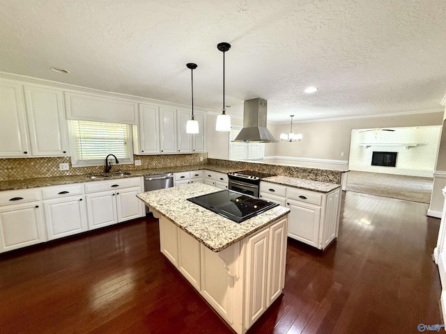 kitchen with a peninsula, a kitchen island, appliances with stainless steel finishes, island range hood, and a sink