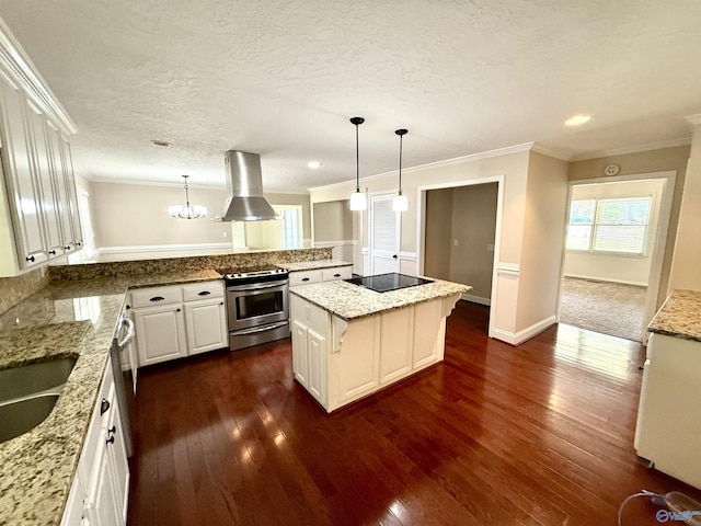 kitchen with dark wood-style flooring, ornamental molding, electric range, and exhaust hood