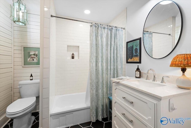 10161 US Highway 11, Springville, AL 35146 - full bath with toilet, vanity, shower / tub combo with curtain, tile patterned floors, and recessed lighting