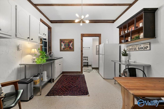 10161 US Highway 11, Springville, AL 35146 - kitchen featuring freestanding refrigerator, a chandelier, white cabinets, open shelves, and a sink