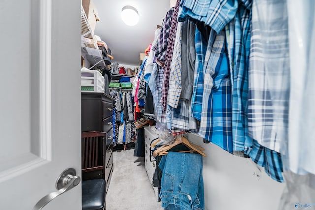 walk in closet with light carpet