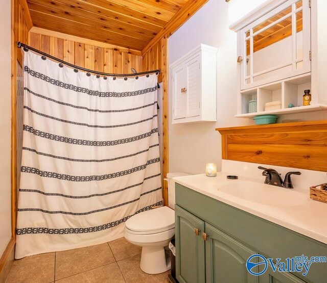 152 6th St W, Grant, AL 35747 - full bath with wooden ceiling, toilet, tile patterned floors, vanity, and a shower with curtain