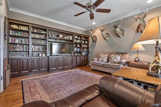 902 County Road 163, Centre, AL 35960 - living room with crown molding, wood finished floors, a ceiling fan, and recessed lighting