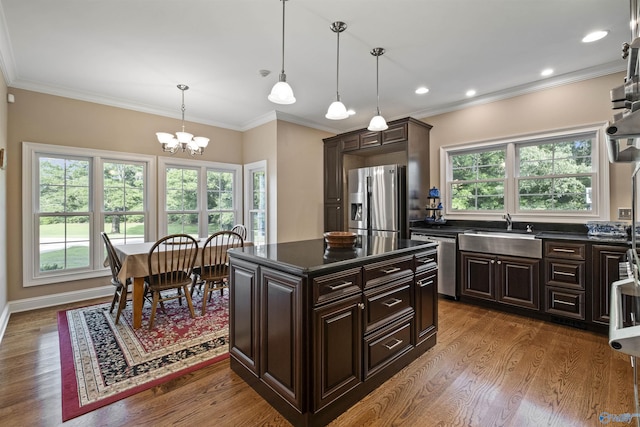 902 County Road 163, Centre, AL 35960 - kitchen featuring appliances with stainless steel finishes, dark countertops, wood finished floors, a chandelier, and recessed lighting