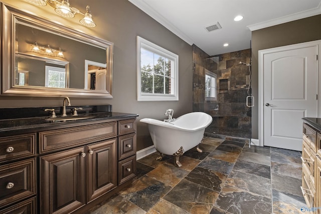 902 County Road 163, Centre, AL 35960 - full bathroom with vanity, a stall shower, crown molding, a soaking tub, and stone finish floors